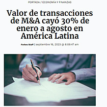 Valor de transacciones de M&A cay 30% de enero a agosto en Amrica Latina